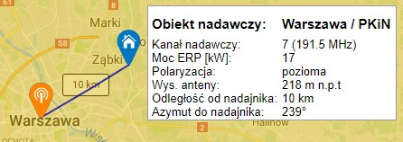 Mapa nadajników MUX8 Warszawa Ząbki