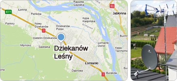 Mapa Dziekanowa Leśnego i regionu - usługi RTV-SAT, montaż, serwis i regulacja anten tv
