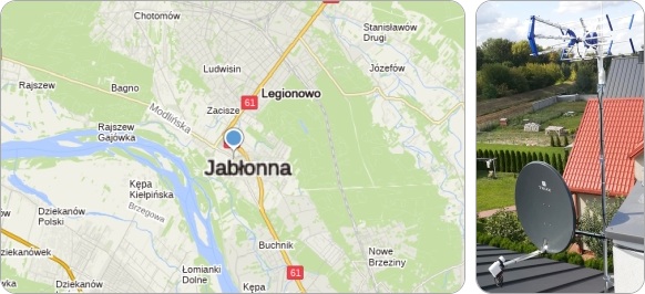 Mapa okolic Gminy Jabłonna w powiecie legionowskim - tu wykonujemy usługi instalacyjne RTV-SAT, montaż, naprawę i ustawianie anten tv