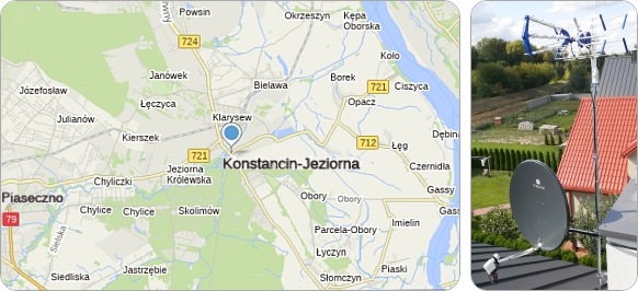 Mapa Konstancina-Jeziorny i okolic - usługi RTV-SAT, montaż, serwis i ustawianie anten tv