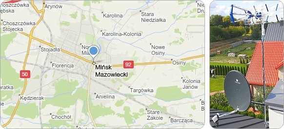 Mapa Mińska Mazowieckiego i okolic - naprawa, ustawianie, montaż anten Mińsk Mazowiecki