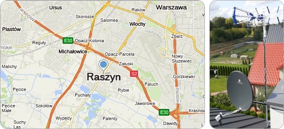 Mapa okolic Gminy Raszyn w powiecie pruszkowskim - tu wykonujemy usługi instalacyjne RTV-SAT, montaż, naprawę i ustawianie anten tv