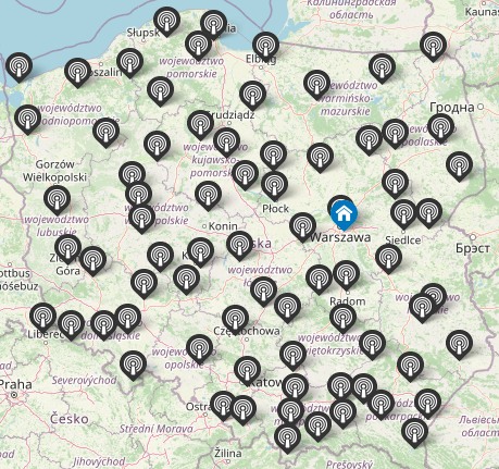 Mapa nadajników MUX1 w Polsce